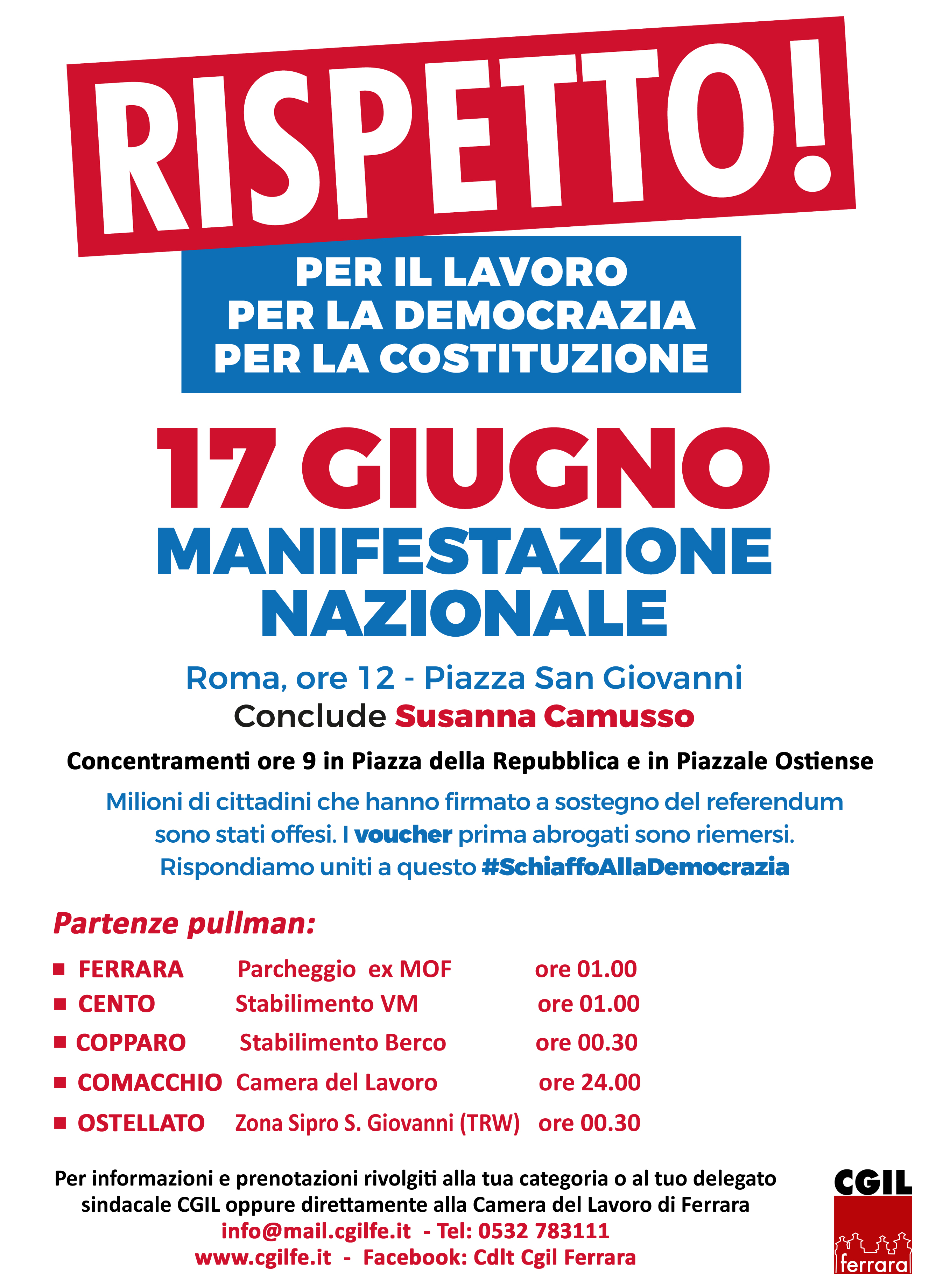 Sabato 17 giugno grande manifestazione a Roma per il lavoro e la democrazia