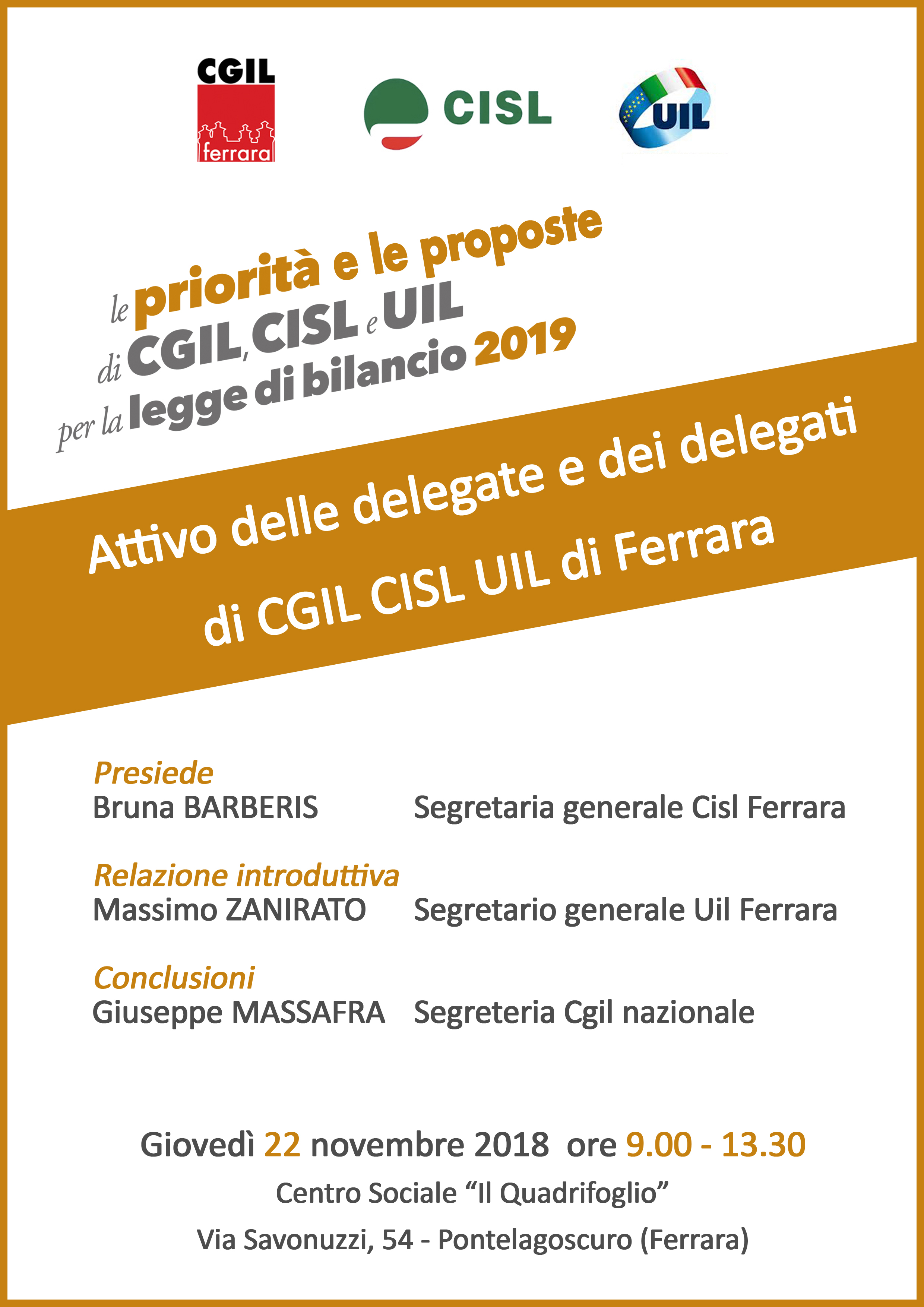Giovedì 22 novembre attivo delle delegate e dei delegati Cgil Cisl Uil di Ferrara per legge di bilancio 2019