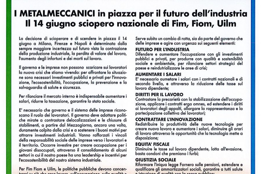 Firenze 14 giugno: sciopero di 8 ore con manifestazione dei metalmeccanici