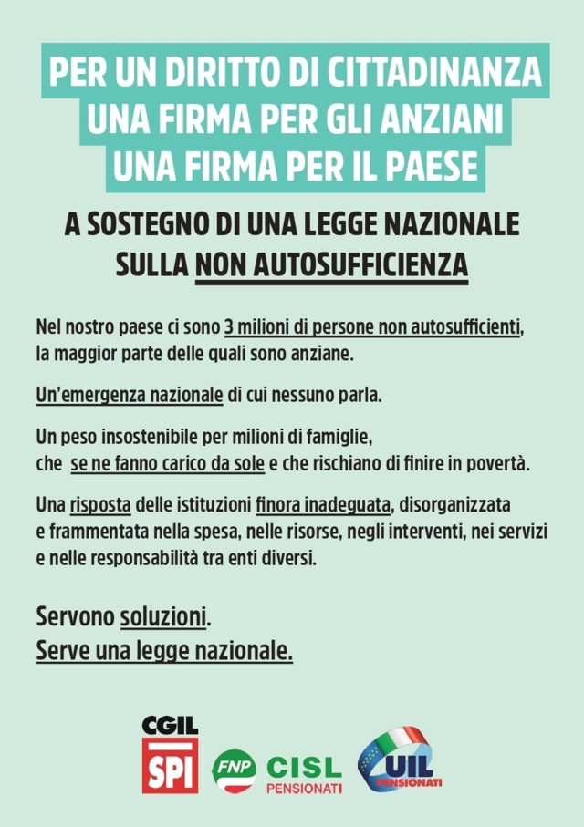 Raccolta firme a sostegno di una legge nazionale per la non autosufficienza