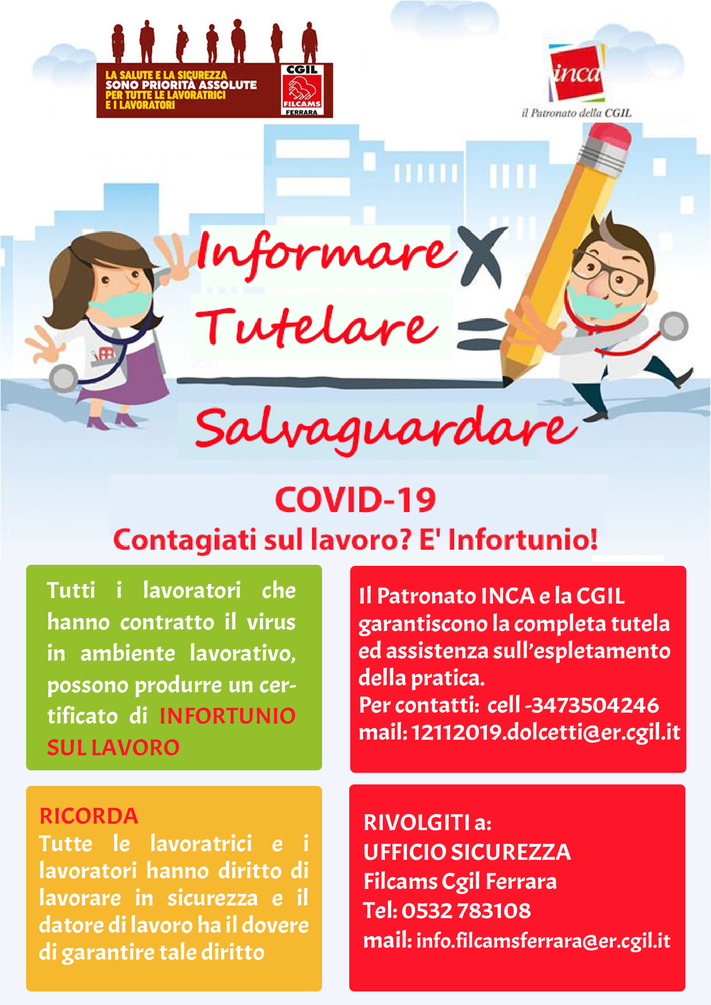 Filcams Cgil Ferrara: informazioni per infortunio da Covid-19 e sicurezza nei luoghi di lavori