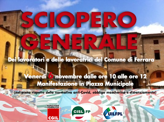 Venerdì 6 novembre in Piazza Municipale sciopero generale dei dipendenti del Comune di Ferrara