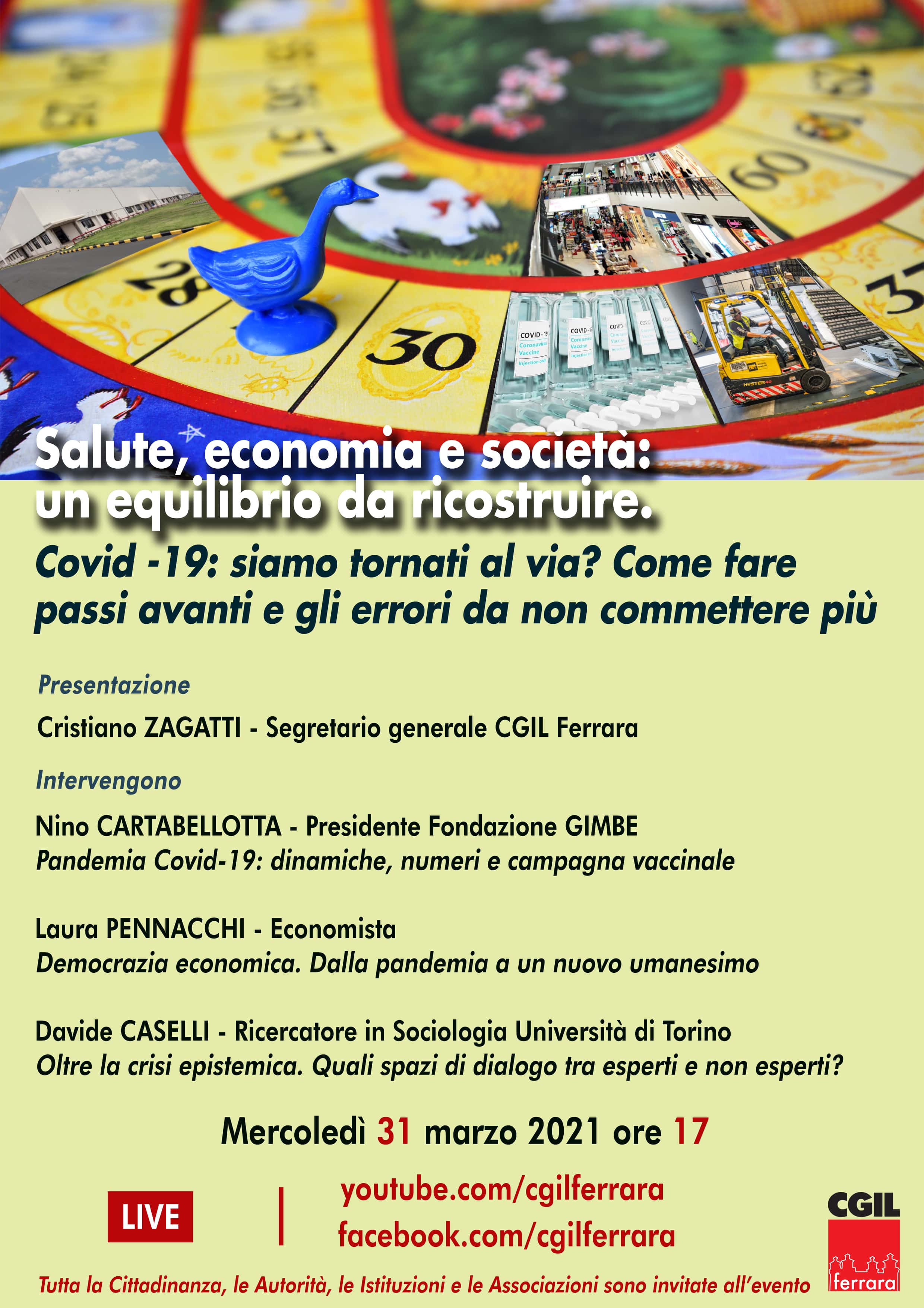 Iniziativa pubblica on line mercoledì 31 marzo ore 17 “Salute, economia e società: un equilibrio da ricostruire”