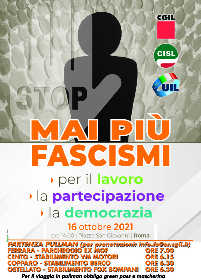 Manifestazione “Mai più fascismi” sabato 16 ottobre a Roma: partenze pullman da Ferrara