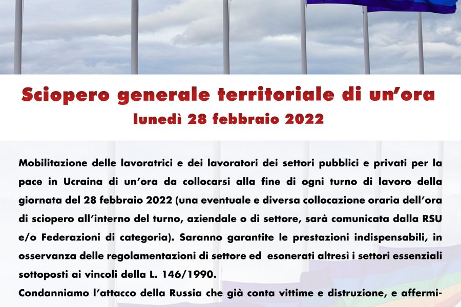 CGIL CISL UIL: sciopero generale territoriale di un’ora lunedì 28 febbraio