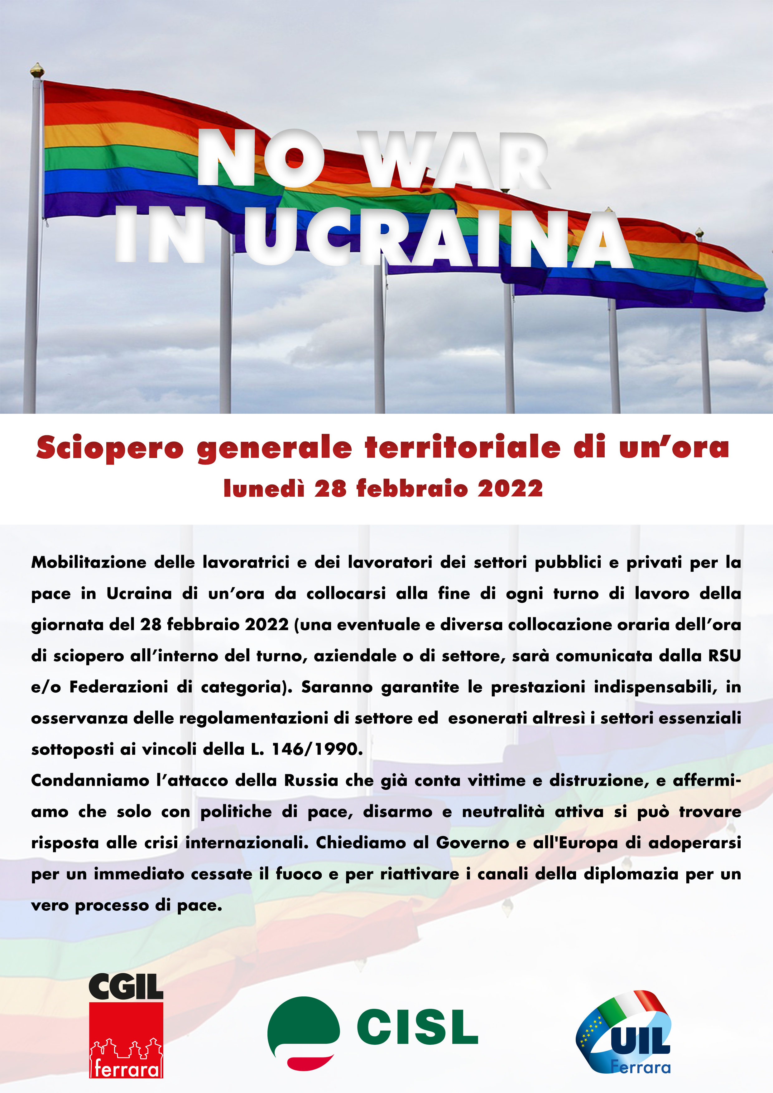 CGIL CISL UIL: sciopero generale territoriale di un’ora lunedì 28 febbraio