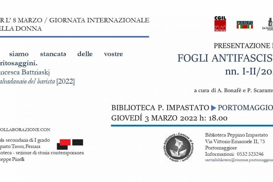 Fogli antifascisti: presentazione giovedì 3 marzo alla Biblioteca Impastato di Portomaggiore