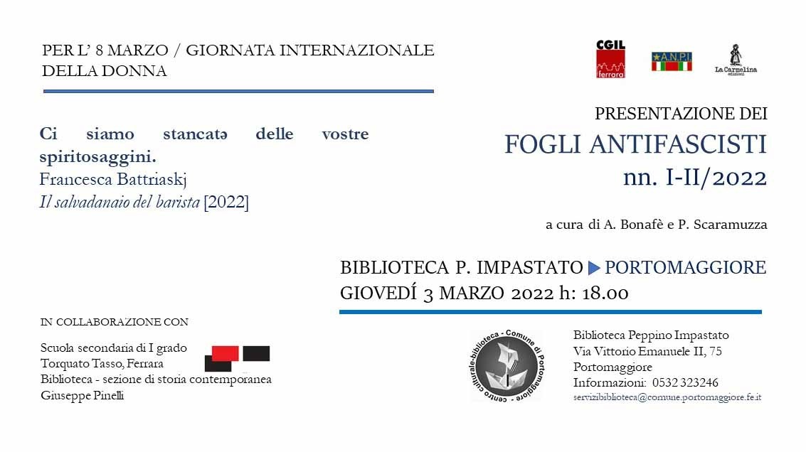 Fogli antifascisti: presentazione giovedì 3 marzo alla Biblioteca Impastato di Portomaggiore