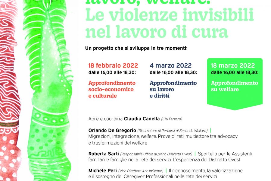 “Migrazioni femminili, lavoro, welfare. Le violenze invisibili nel lavoro di cura”: ultimo incontro su welfare venerdì 18 marzo ore 16