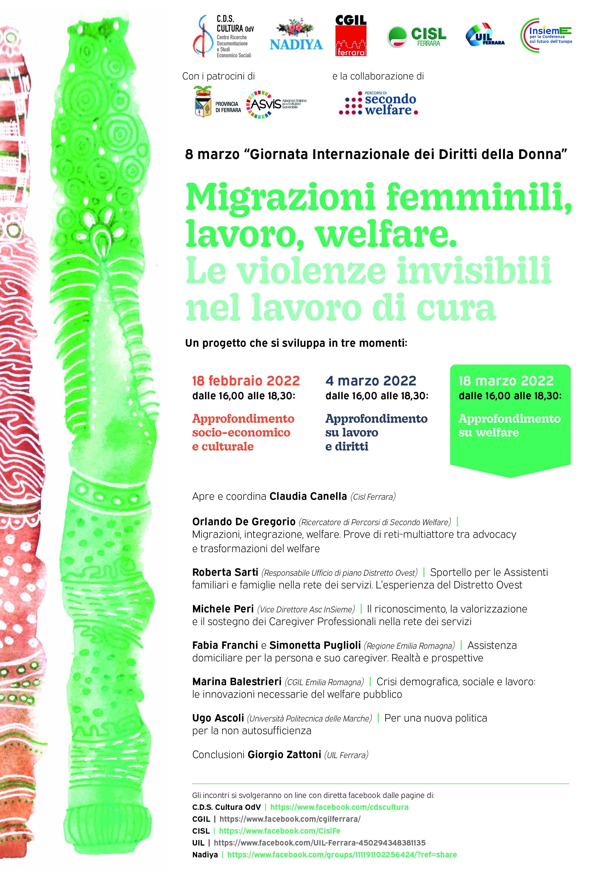 “Migrazioni femminili, lavoro, welfare. Le violenze invisibili nel lavoro di cura”: ultimo incontro su welfare venerdì 18 marzo ore 16
