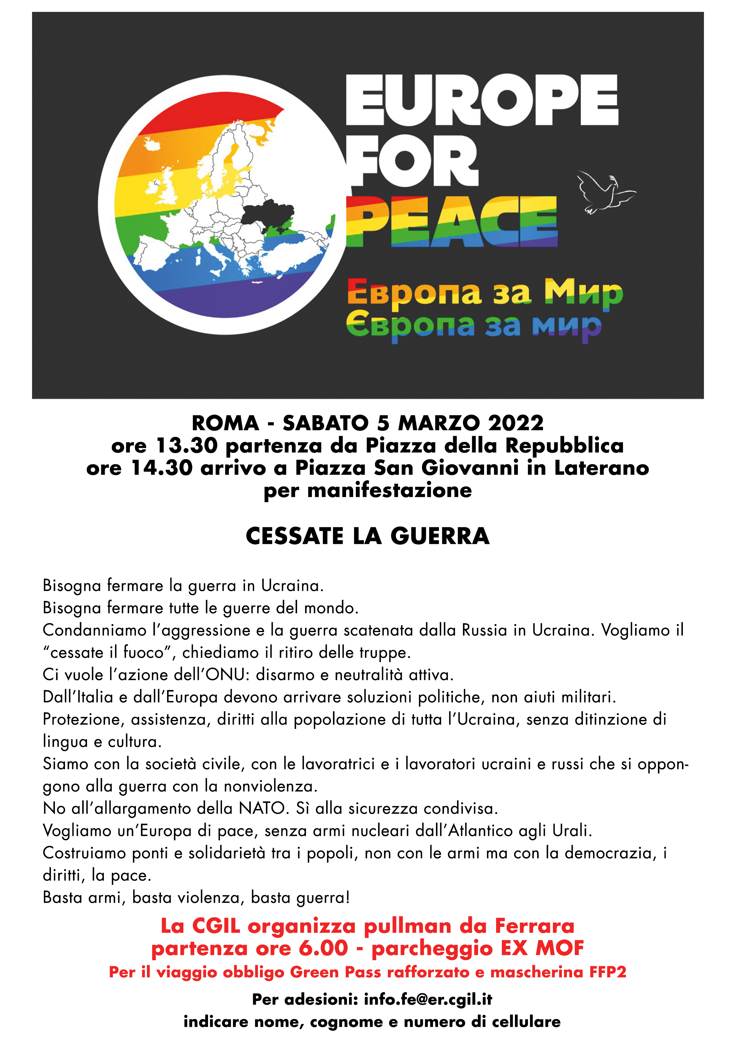 Europe for Peace sabato 5 marzo a Roma: pullman da Ferrara