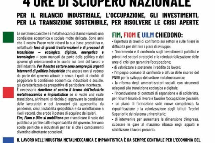 Sciopero nazionale del settore metalmeccanico venerdì 7 luglio