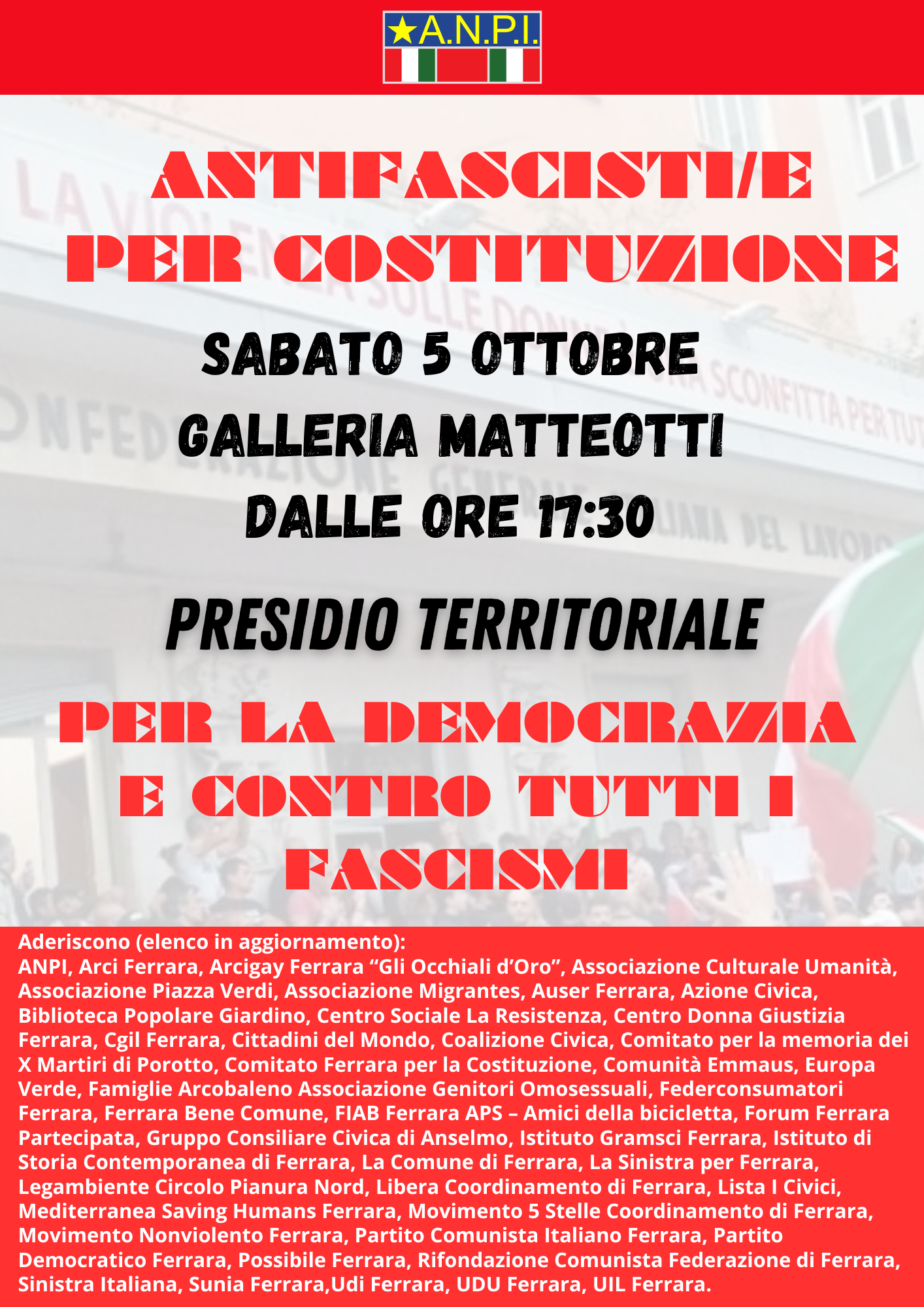 Antifascisti/e per costituzione. Presidio sabato 5 ottobre a Ferrara