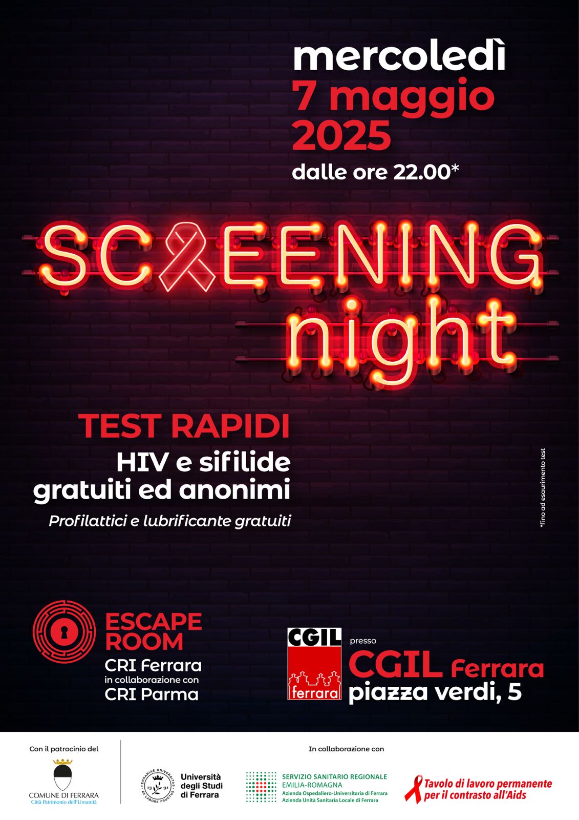 SCREENING NIGHT: mercoledì 7 maggio test rapidi HIV e sifilide gratuiti e anonimi