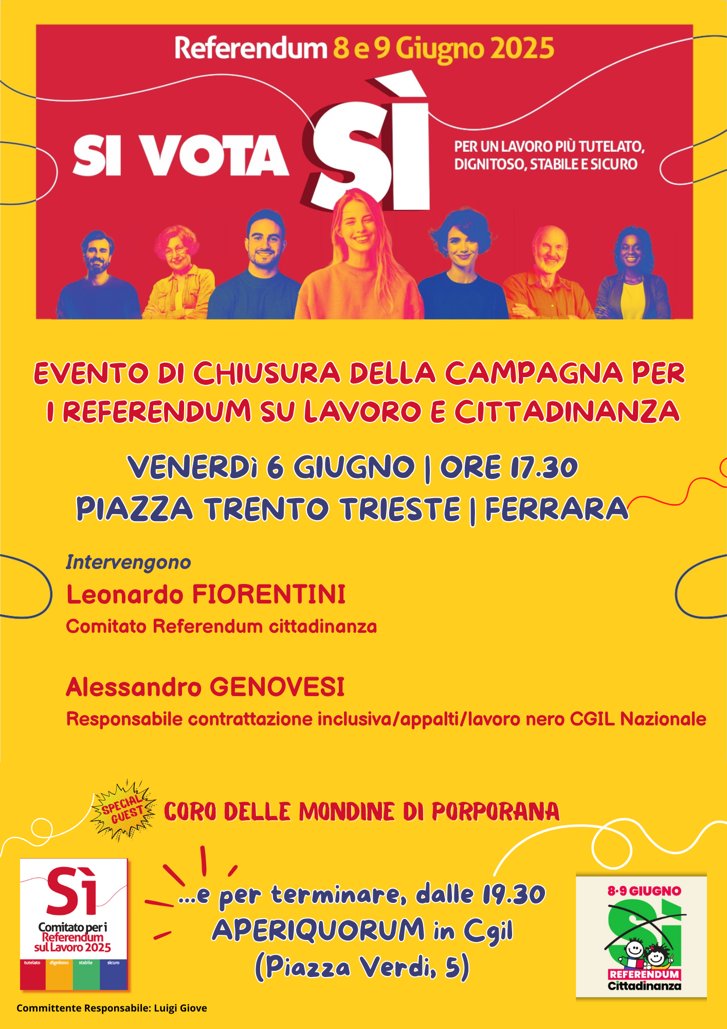 Evento conclusivo campagna referendaria a Ferrara venerdì 6 giugno